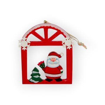 Елочная игрушка Дед Мороз в окошке, красный, 12x15 см, дерево (060368-1) 060368-1 фото