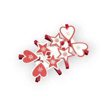 Набор елочных игрушек прищепки сердца и звезды, красный, белый, 8 шт, 16x17 см, дерево (060580) 060580 фото