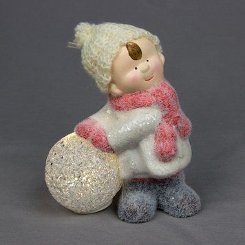 Декоративна фігурка, що світиться, Хлопчик зі сніжкою, 10,5&times;8&times;18 см, білий з рожевим, магнезія (920135) 920135 фото