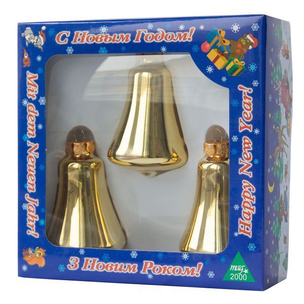 Набор елочных игрушек колокольчики, золотистый, 3 шт, 6 см, стекло (390144-2) 390144-2 фото