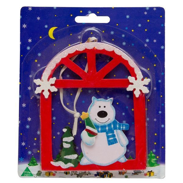 Елочная игрушка медведь в окошке, красный, 13x15 см, дерево (060375-1) 060375-1 фото