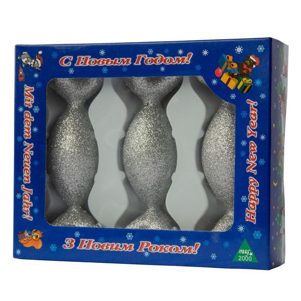 Набір ялинкових іграшок цукерки, сріблястий, 3 шт, 3,5x10 см, скло (390151-16) 390151-16 фото